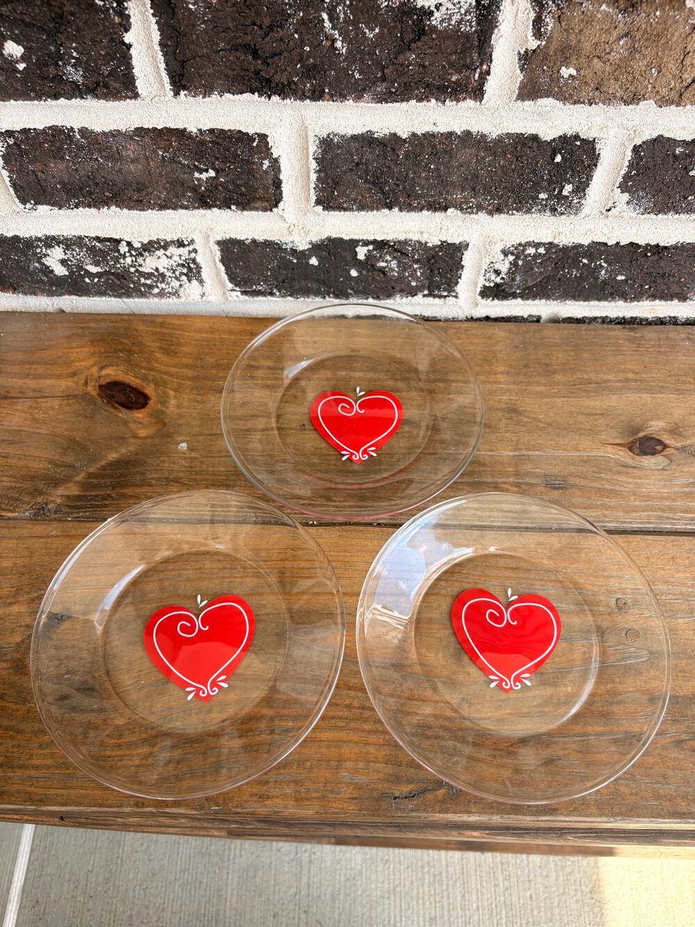 Set of 3 Clear Glass Dessert Plates Red Heart Valentine’s Day 7⅜” Love